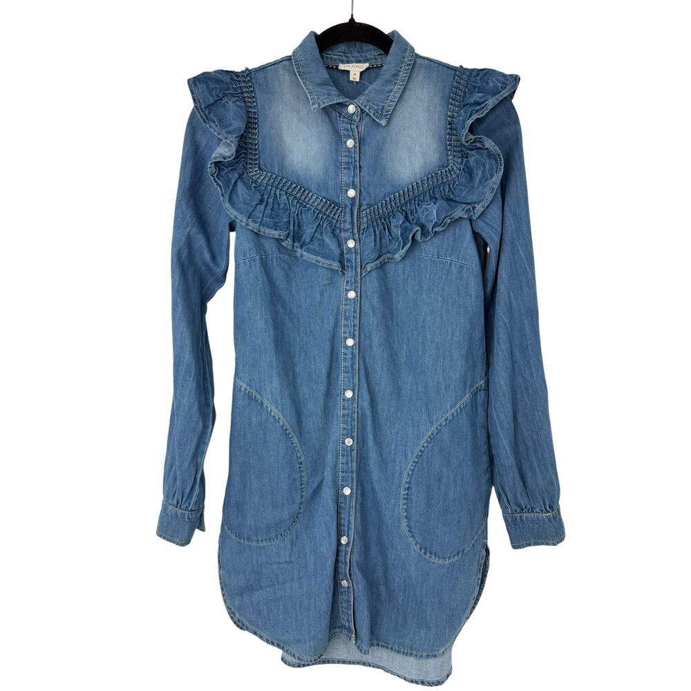 Pilcro Anthropologie Ruffled Denim Mini Shirt Dress Western Prairie Cottage XS - Picture 3 of 13